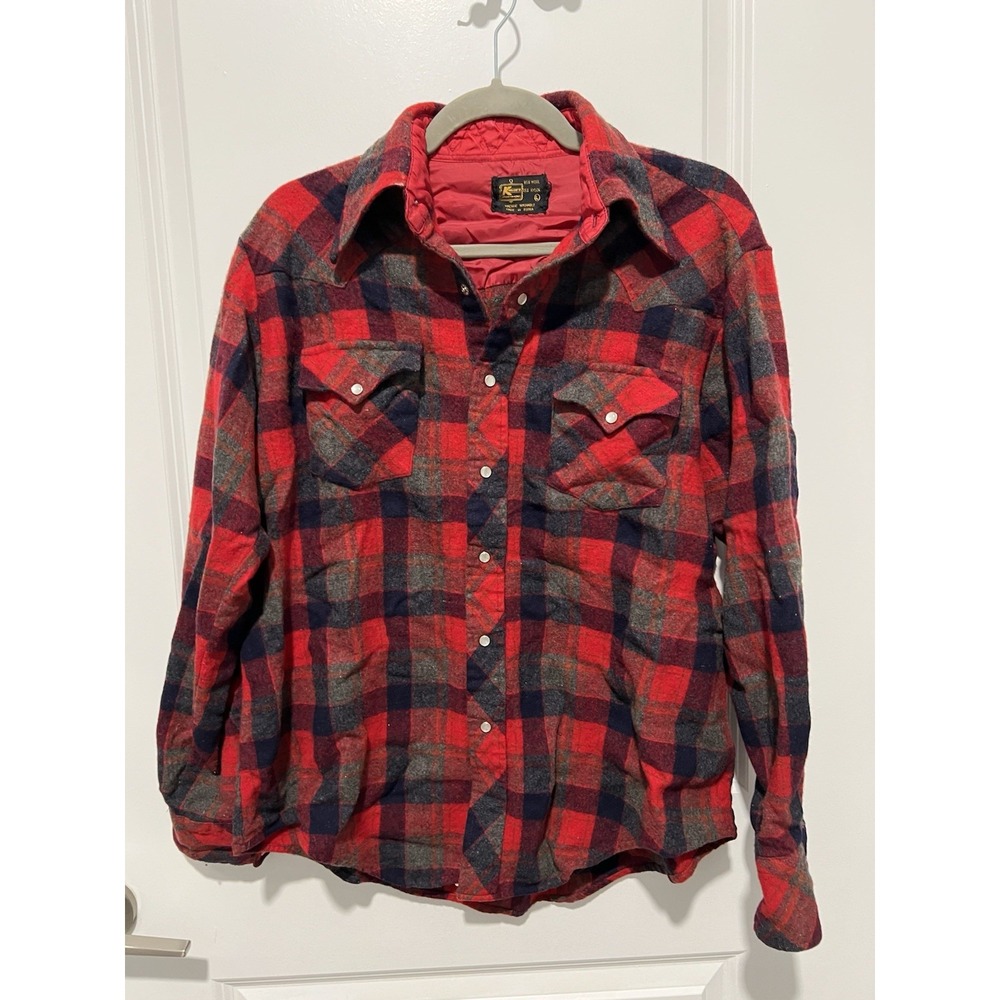 Vintage Kmart Plaid Wool Flannel Button Up Shirt Size L Machine Washable Red‎